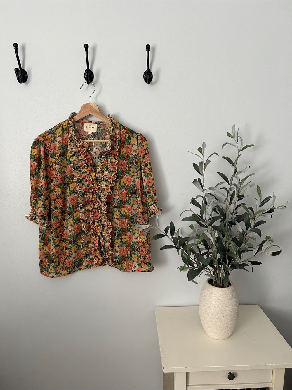 Sezane Floral Norah Blouse — Peach and Green Multicolor